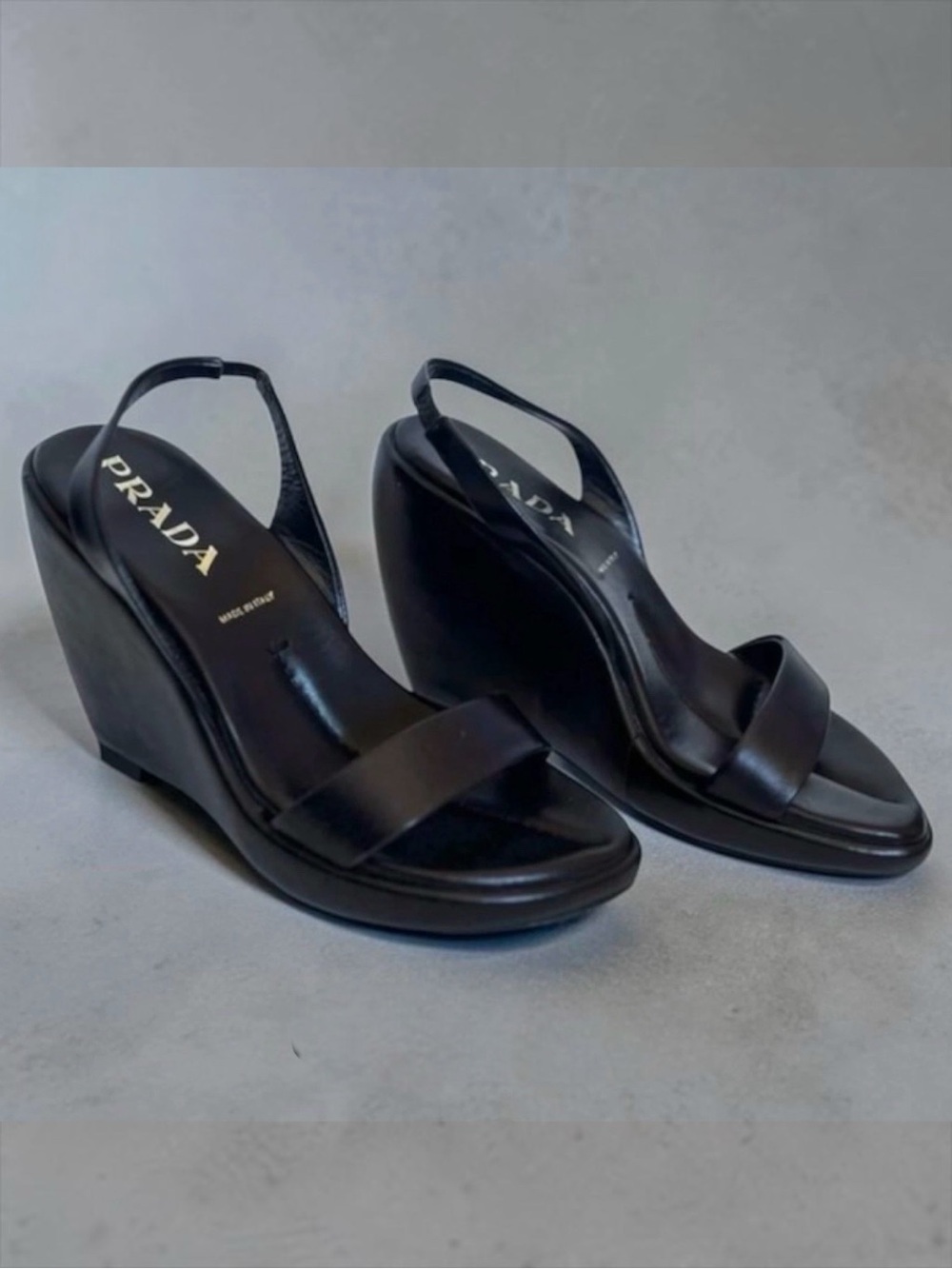Prada Open Toe Slingback Platform Wedge Heels, Black
